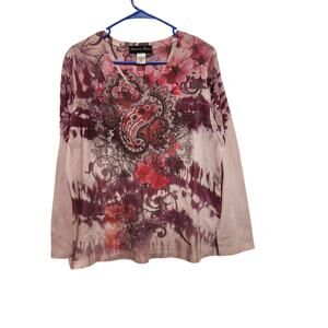 Appropriate Behavior Purple Paisley Floral Long Sleeve V-Neck T-Shirt Y2K Top 1X
